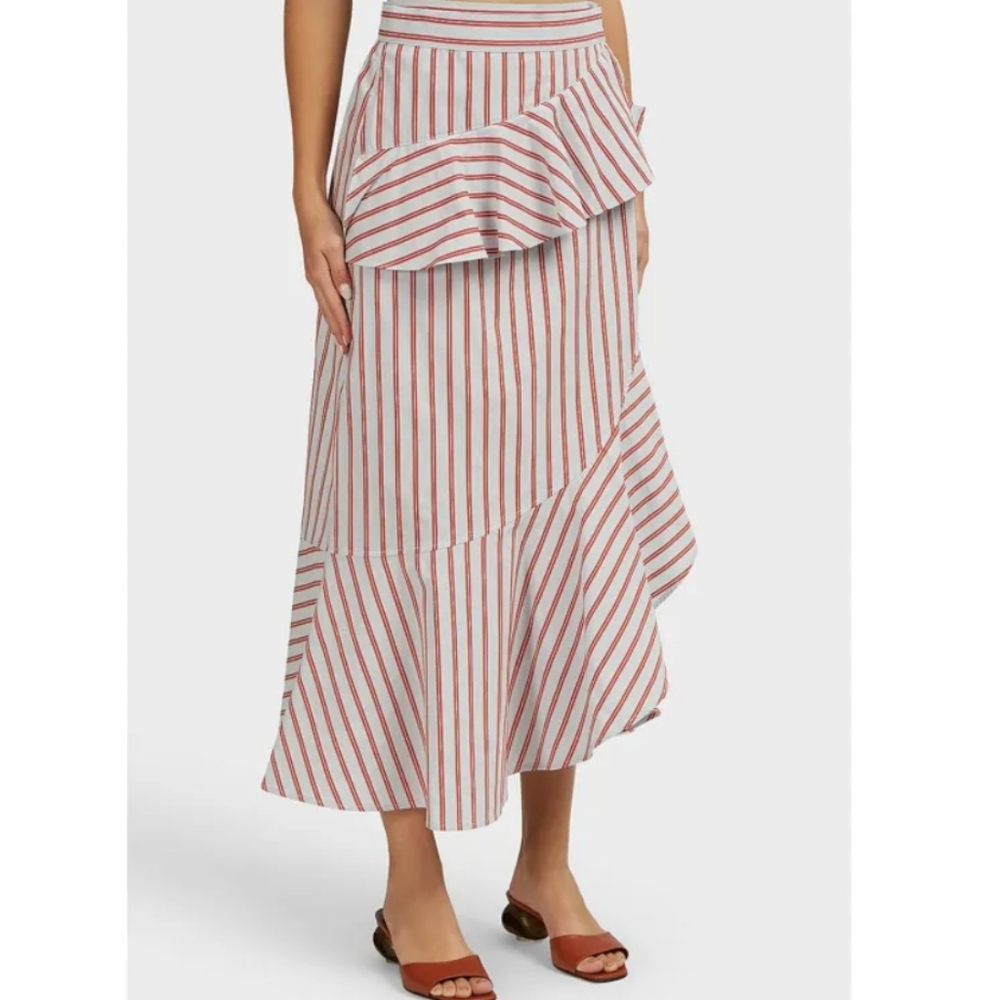 10 Crosby Derek Lam Cream and Rust Striped Ruffle Maxi Skirt